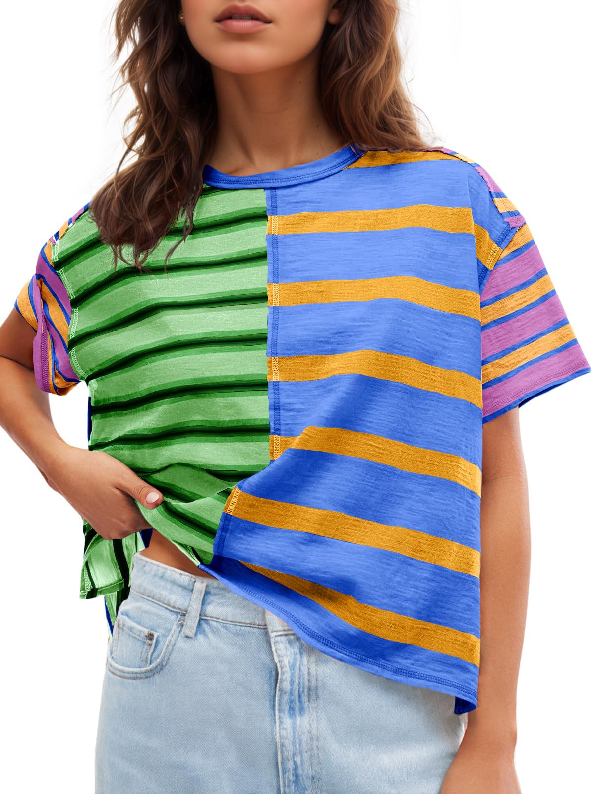 Tankaneo Womens Summer Striped Shirts Casual Color Block Short Sleeve Tops Loose Fit Crew Neck Tees