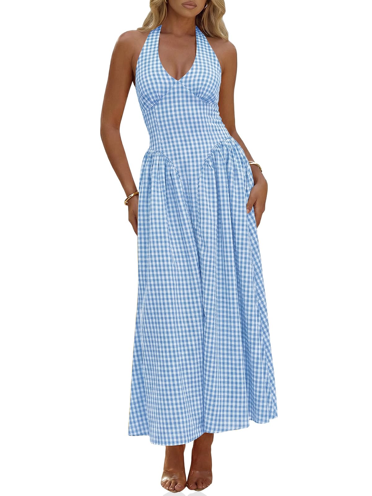 Wenrine Womens Halter V Neck Corset Maxi Dresses Summer Plaid Smocked Dress | Tie Back, Backless, Wedding Guest, Drop Waist, Sleeveless, Gingham, Pleated, Long dress with Pockets
