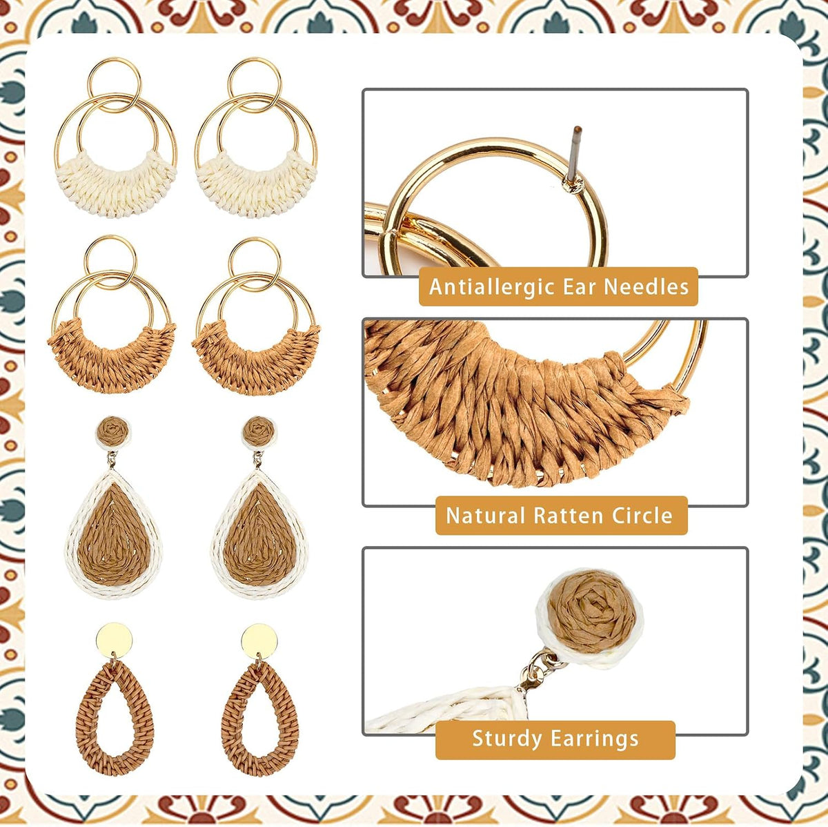 Boho Rattan Earrings for Women, Summer Beach Earrings | Featuring Unique Geometric Circular Teardrop Shaped , Lightweight Woven Pendant Earrings, Summer Beach Wear
