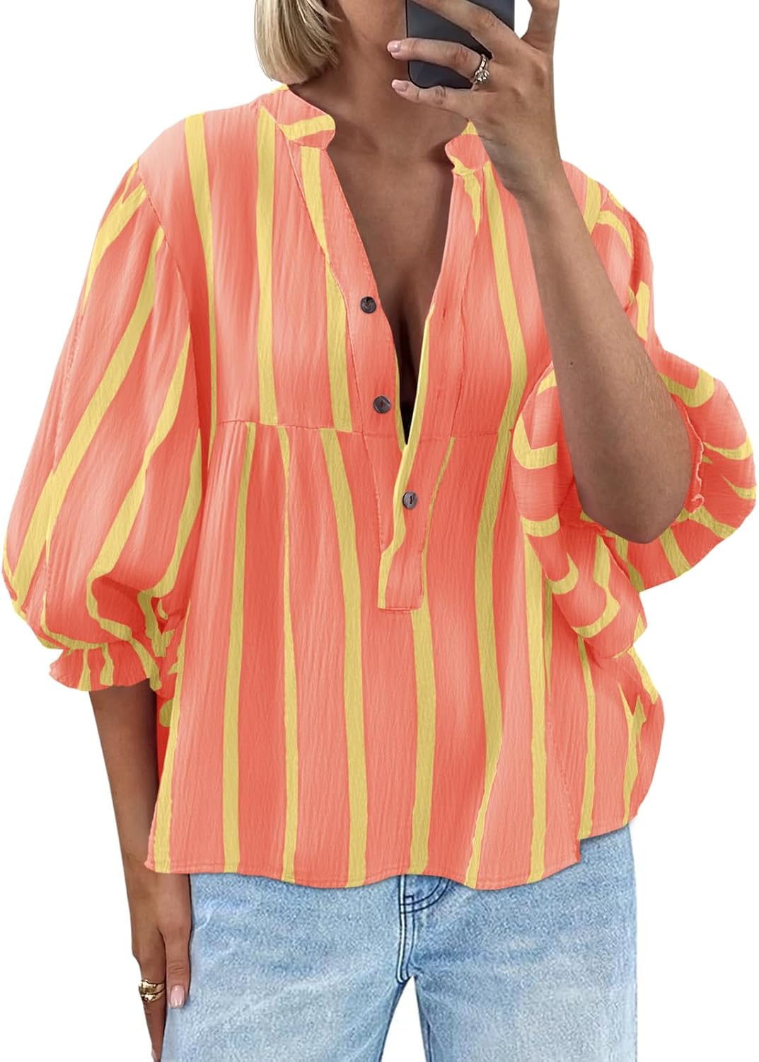 Tankaneo Womens Puff Sleeve Summer Babydoll Tops Cute V Neck Striped Blouse | Casual, Loose Fit, Flowy Shirts, Button, Boho, Work, Dressy, Peplum Blouses