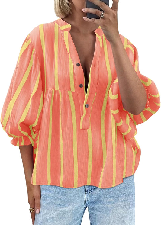 Tankaneo Womens Puff Sleeve Summer Babydoll Tops Cute V Neck Striped Blouse | Casual, Loose Fit, Flowy Shirts, Button, Boho, Work, Dressy, Peplum Blouses