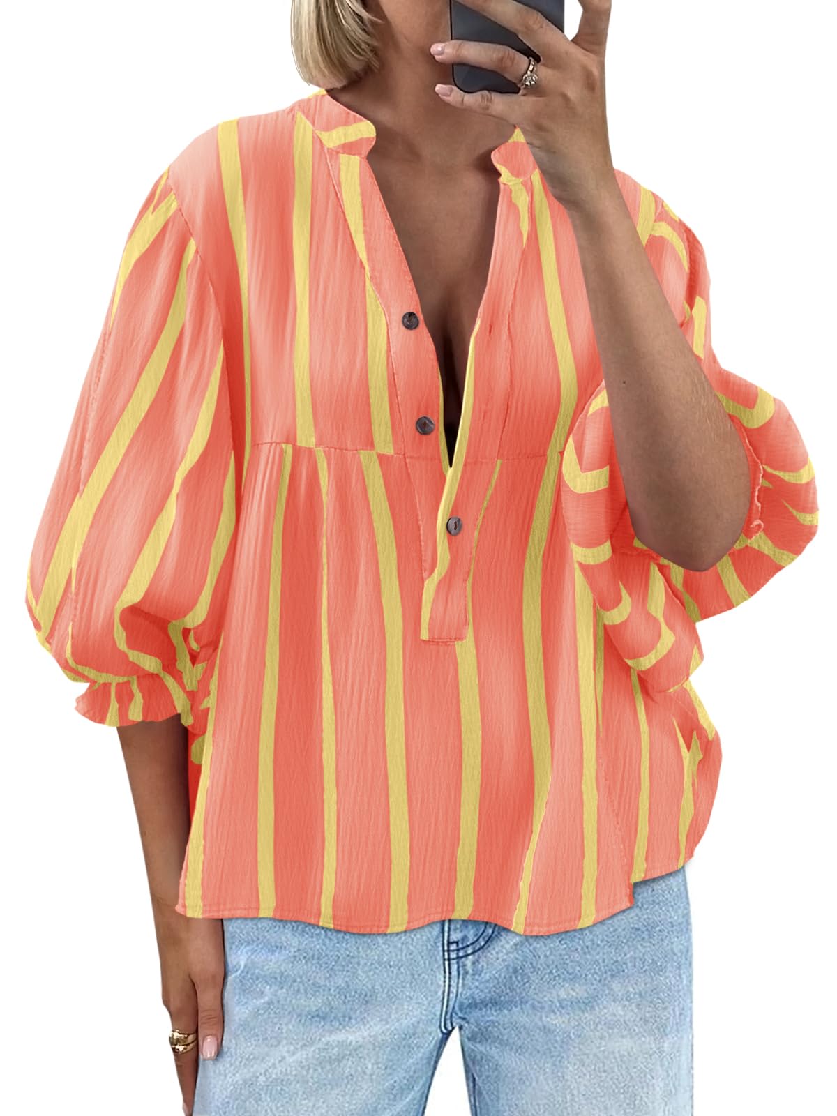 Tankaneo Womens Puff Sleeve Summer Babydoll Tops Cute V Neck Striped Blouse | Casual, Loose Fit, Flowy Shirts, Button, Boho, Work, Dressy, Peplum Blouses
