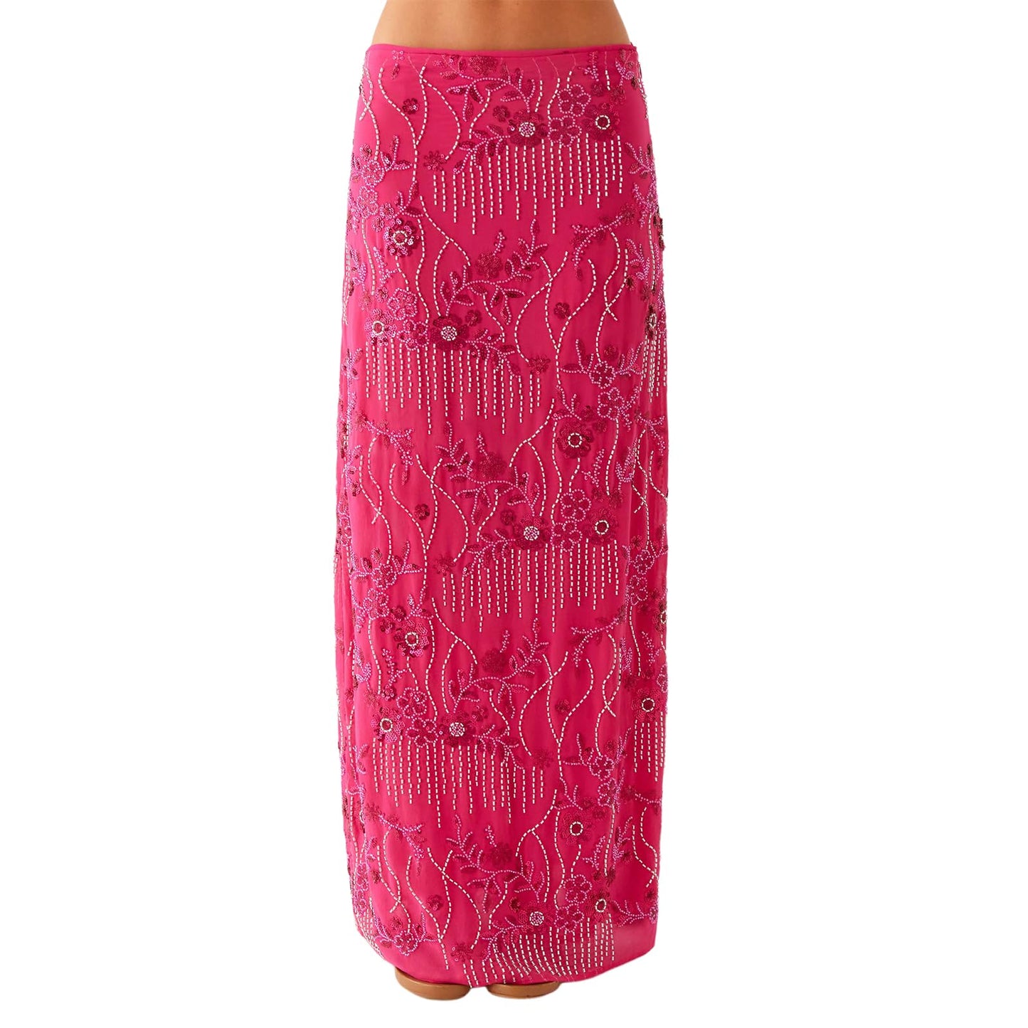 Women Y2k Sequin Long Skirt Bead Floral Embroidery Maxi Skirt Low Waist Rhinestone Glitter Bodycon Club Skirt