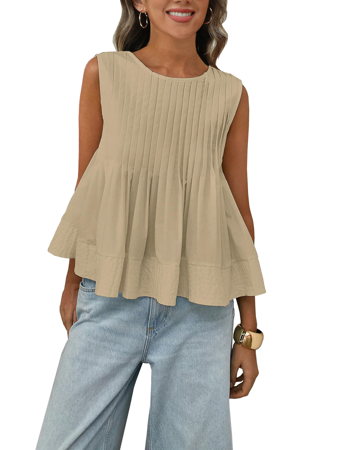Megfie Womens Summer Pleated Peplum Sleeveless Blouse Tank Tops Round Neck Y2K Babydoll Blouse Shirt