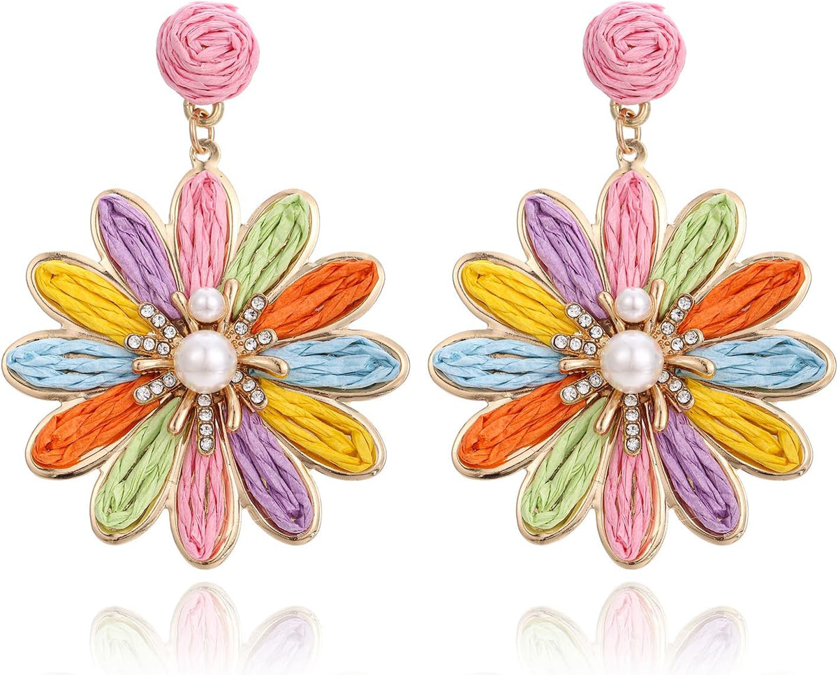 RUOFFETA Boho Raffia Flower Earrings for Women – Lightweight Dangle Jewelry, Summer Beach Vacation Accessories