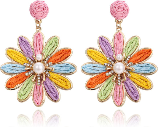 RUOFFETA Boho Raffia Flower Earrings for Women – Lightweight Dangle Jewelry, Summer Beach Vacation Accessories