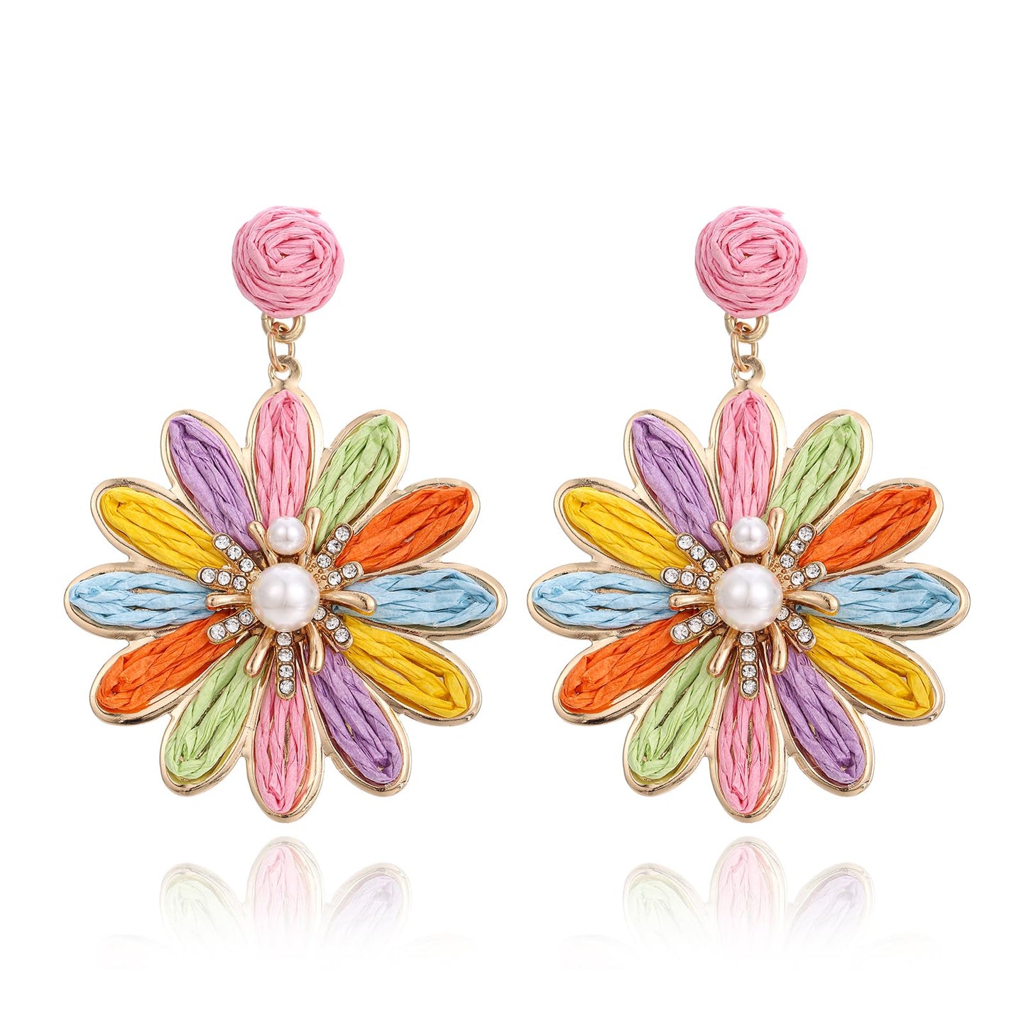 RUOFFETA Boho Raffia Flower Earrings for Women – Lightweight Dangle Jewelry, Summer Beach Vacation Accessories
