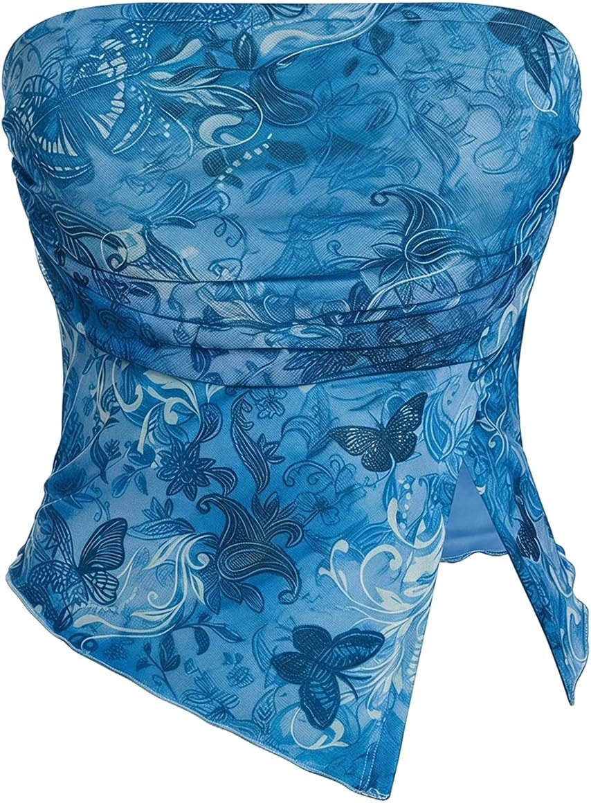 Milumia Women Floral Summer Mesh Ruched Tube Top Y2k Going Out Crop Tops | Strapless Tropical Hawaiian Tank, Vacation Outfits, Beach, Bandeau, Asymmetrical Split Hem