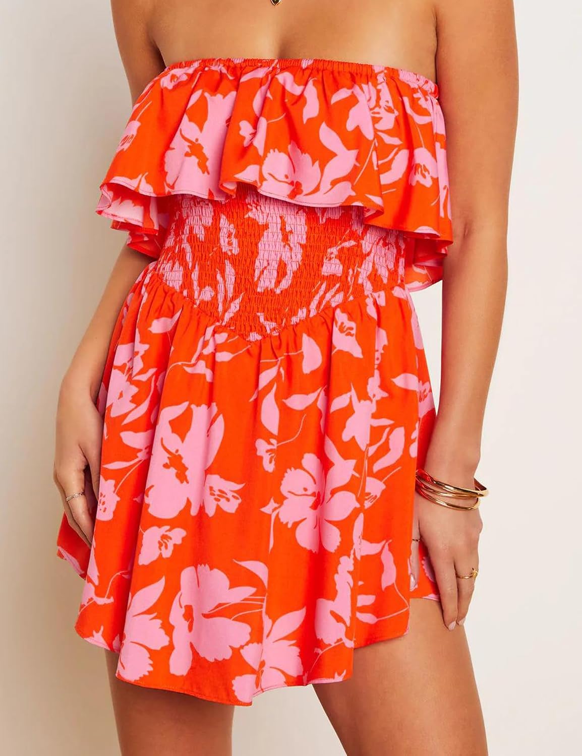 AIMCOO Women's Rompers Summer Strapless Floral Print Off Shoulder Boho Flowy Ruffle Hem Shorts Jumpsuit with Pocket