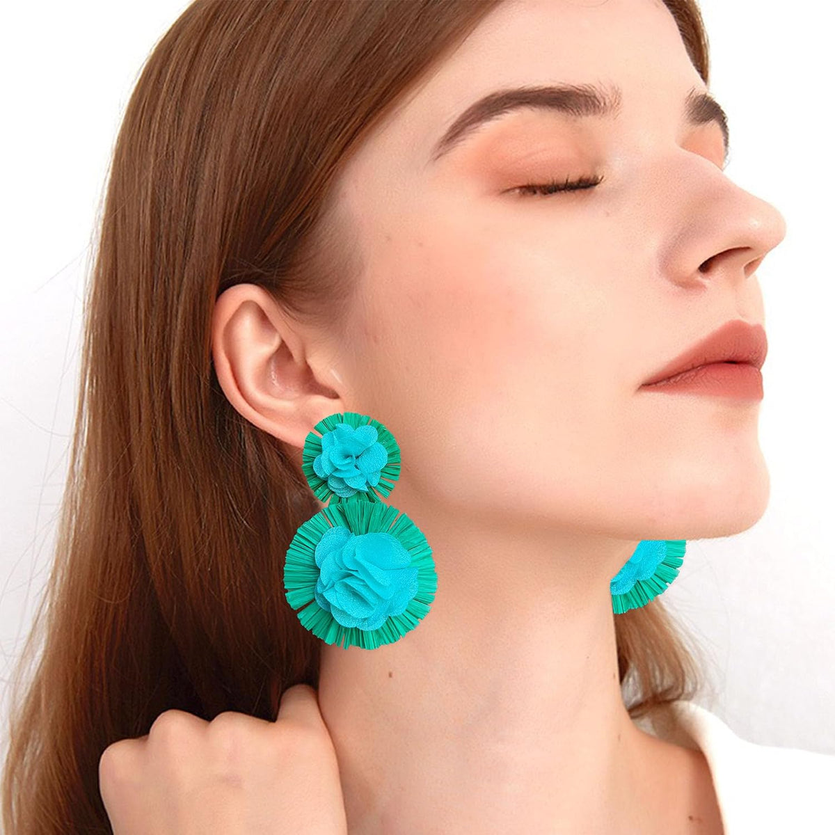 Hawaiian Vibrant Rattan Flower Statement Drop Earrings | Boho Lightweight Cute and Fun Big Raffia Straw Wrapped Floral Dangle Earrings for Women Tropical Sea Vacation Beachy Jewelry