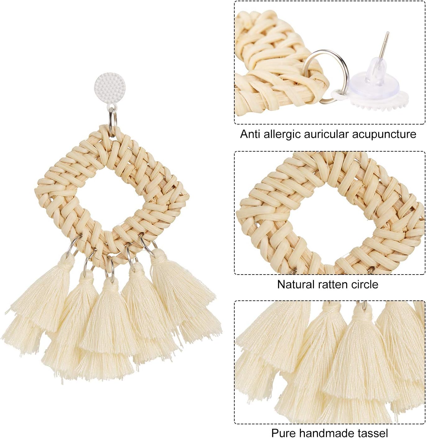 meekoo 4 Pairs Handmade Rattan Earrings for Women, Boho Straw Dangle Statement Earrings for Beach Vacation Summer Jewelry