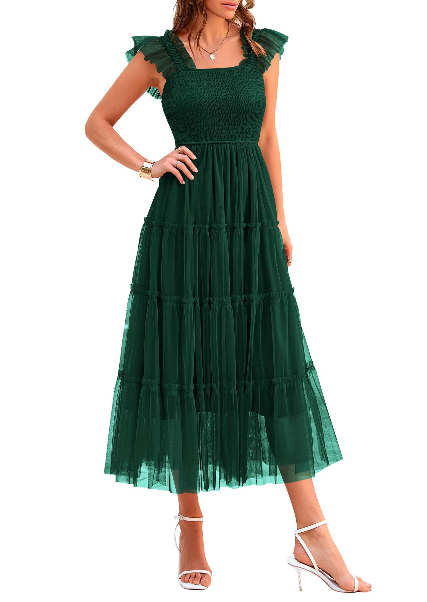 PRETTYGARDEN Women's Summer Smocked Midi Tulle Dress | Sleeveless Square Neck A Line, Flowy Tiered Mesh, Spring Semi Formal Wedding Guest Outfits, Homecoming Prom Party Dresses