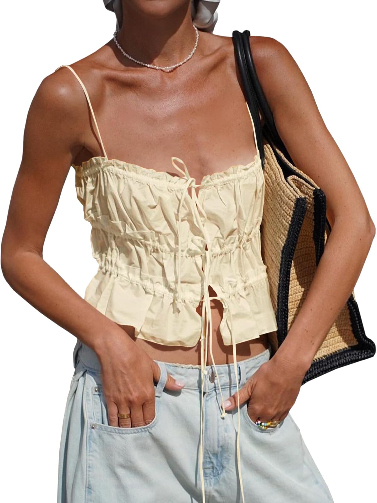 Tankaneo Womens Summer Tie Front Crop Tops Cute Spaghetti Strap Tank Top | Camis,Sleeveless Tops,Ruffle Ruched, Y2K,Going Out,Pleated Shirts
