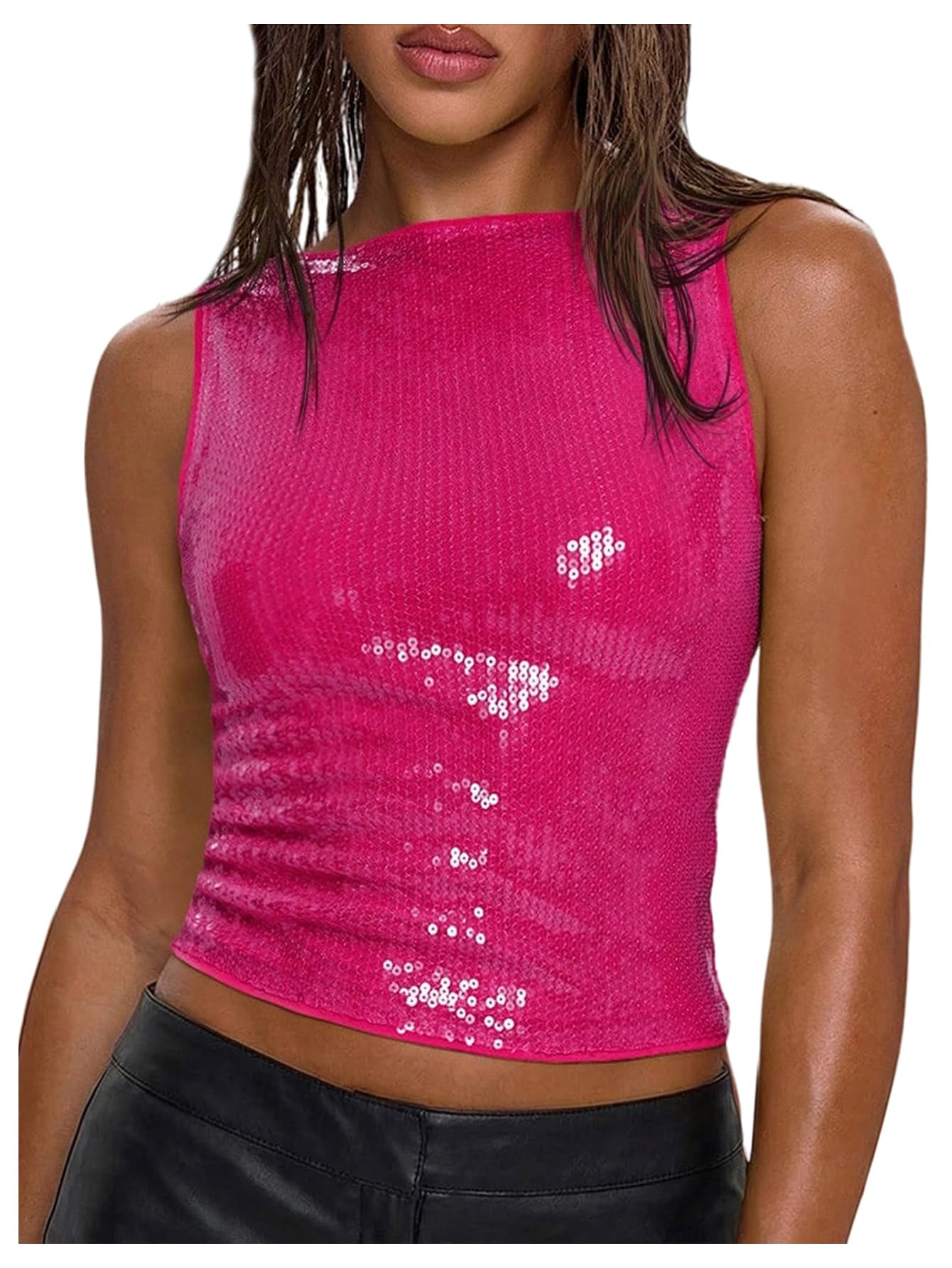 MakeMeChic Women's Sparkly Sequin Tank Tops Going Out Rave Tops | Crop, Y2k, Sleeveless, Music Festival, Clubbing, Country Concert Outfits