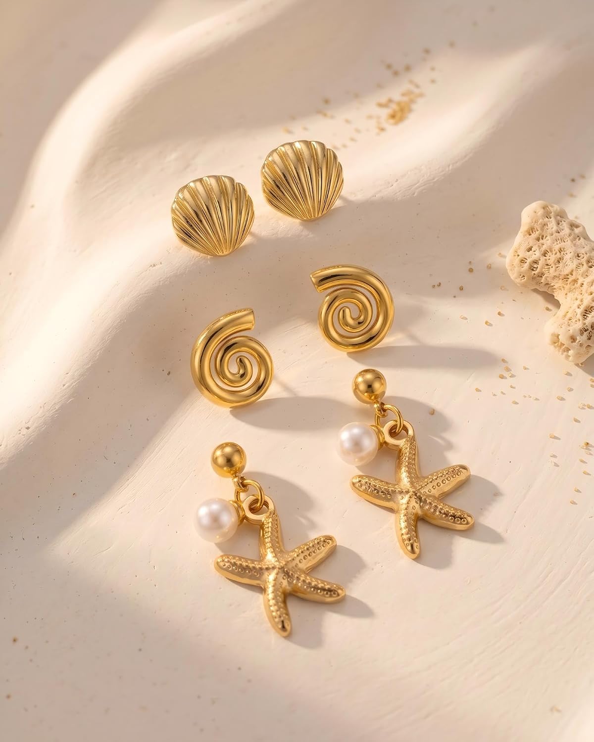 Seashell Starfish Earring for Women | 3 Pairs Ocean Seashell Earring, Summer Beach Vacation Jewelry Accessories