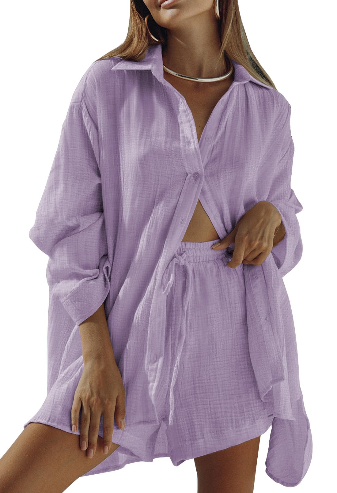Fixmatti Women 2 Piece Outfits Long Sleeve Button Down Blouse and Shorts Sweatsuit Sets