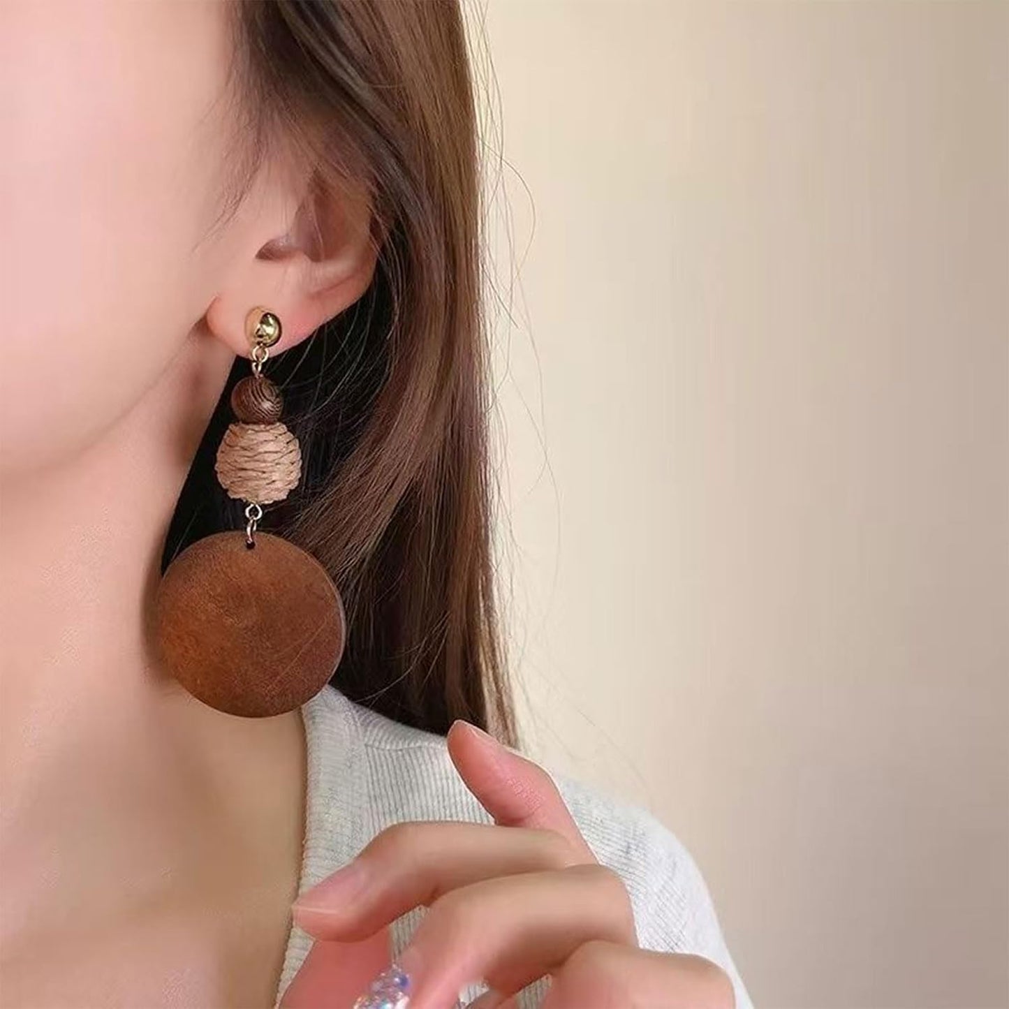 Brown Wooden Boho Dangle Earrings for Women, African Earrings | Lightweight Wooden Statement Earrings with Raffia Accents and African Boho Style for Summer Vacation and Everyday Wear