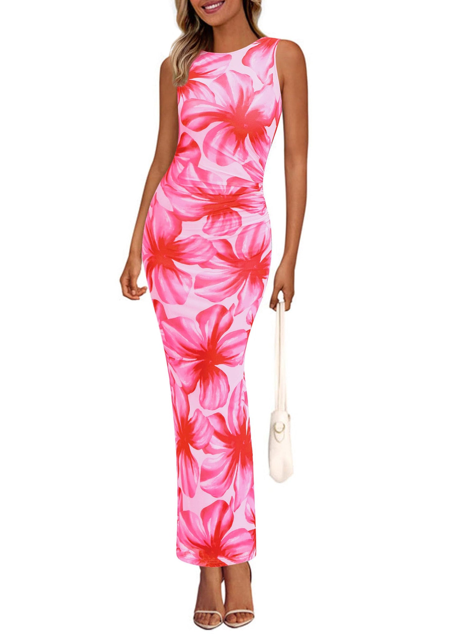 PRETTYGARDEN Women's Summer Formal Floral Maxi Dress | Sleeveless Ruched Bodycon Mesh Long Dresses, Elegant Spring Dress for Wedding Guest, Bridal Shower, Cocktail Party, Vacation
