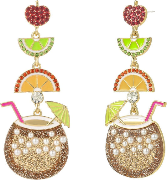 Cute Dangle Earrings for Women | Trendy Fun Statement Cocktail Earrings Rhinestone Epoxy Pearls Stones Martini Bloody Mary Mojito Lemonade Jewelry for Women