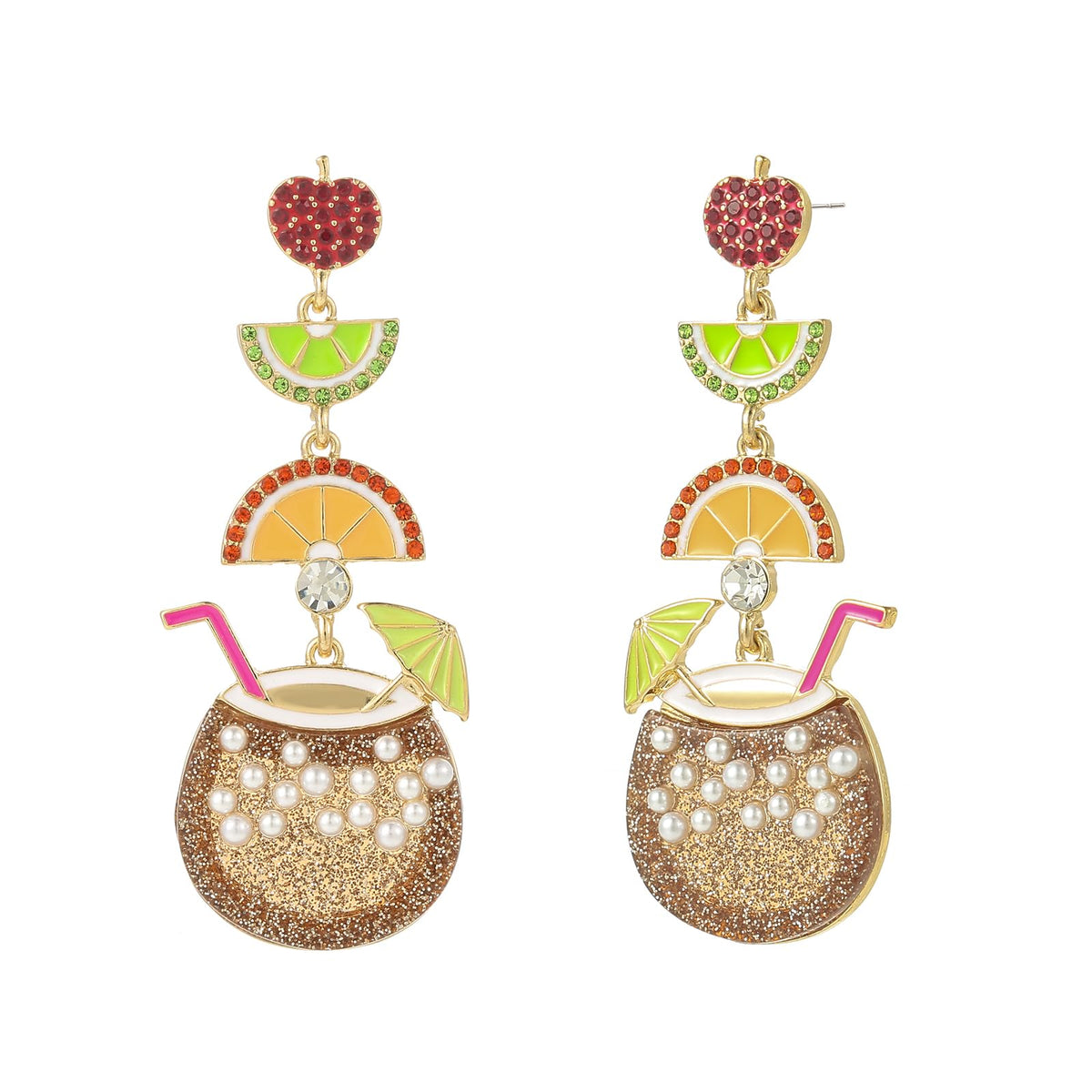 Cute Dangle Earrings for Women | Trendy Fun Statement Cocktail Earrings Rhinestone Epoxy Pearls Stones Martini Bloody Mary Mojito Lemonade Jewelry for Women