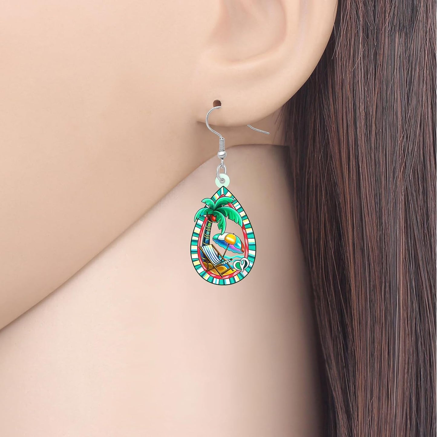 DUOWEI Acrylic Tropical Teardrop Dangle Earrings Beach Gifts for Beach Lovers Women, Hawaiian Palm Tree Statement Beachy Themed Jewelry for Vacation Accessories