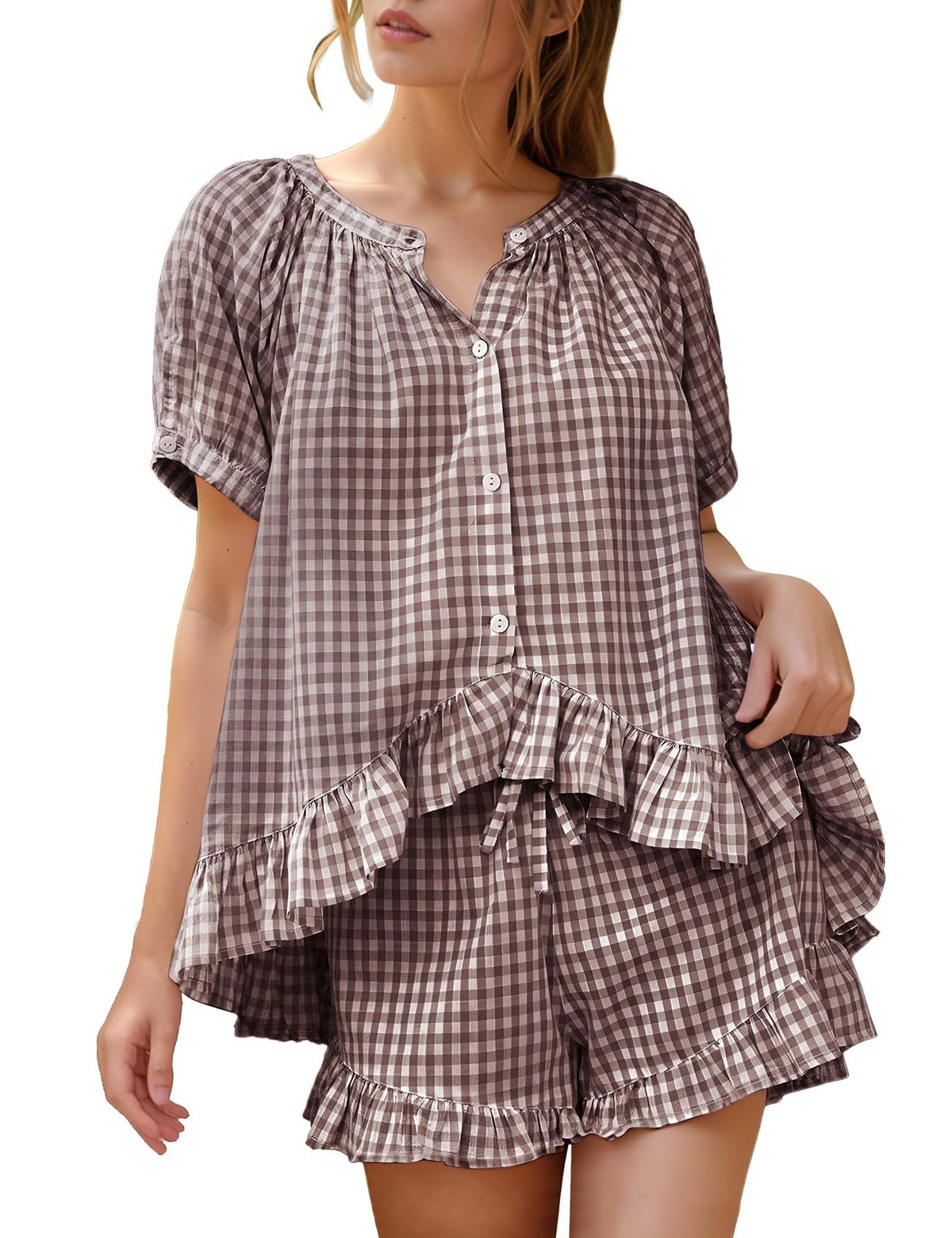 Flygo Cotton Pajamas for Women Gingham Set Lounge Sets | 100% Cotton, Plaid, Babydoll Top, Relaxed Fit, Puff Sleeve, Shorts, Pockets, Summer, Sleepwear, Vacation, Wedding, Parties