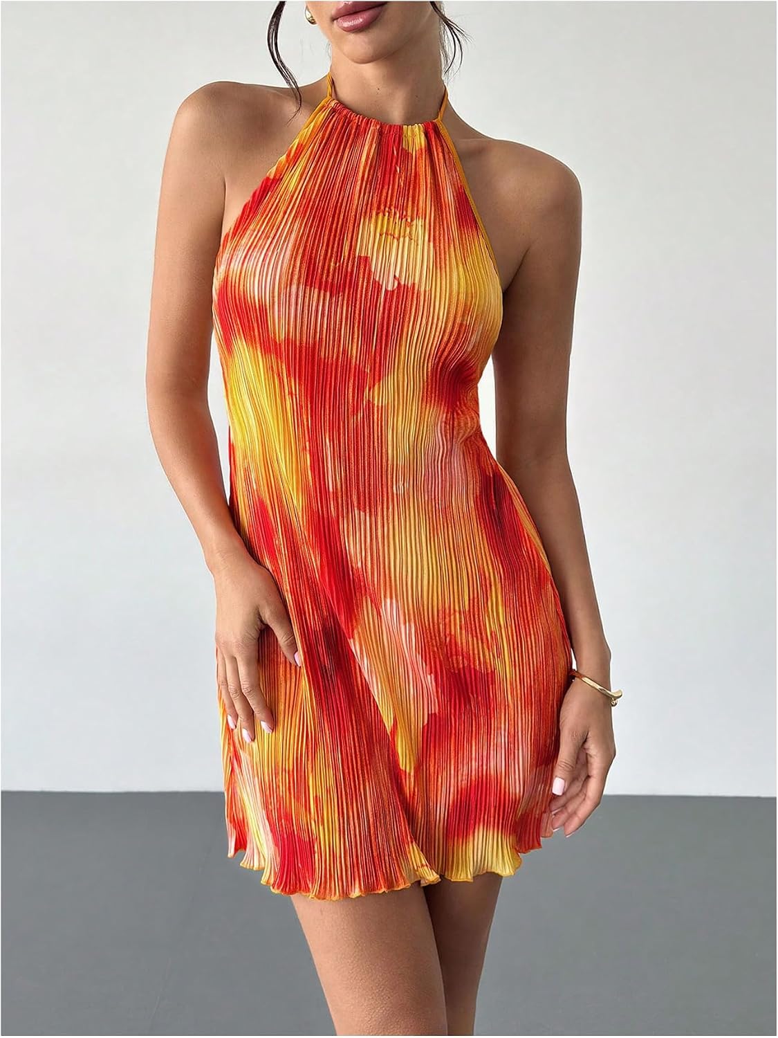 SHENHE Women's Halter Loose Pleated Backless Summer Beach Sunset Dress | Vacation, Tie Dye, Flowy, Short Dresses