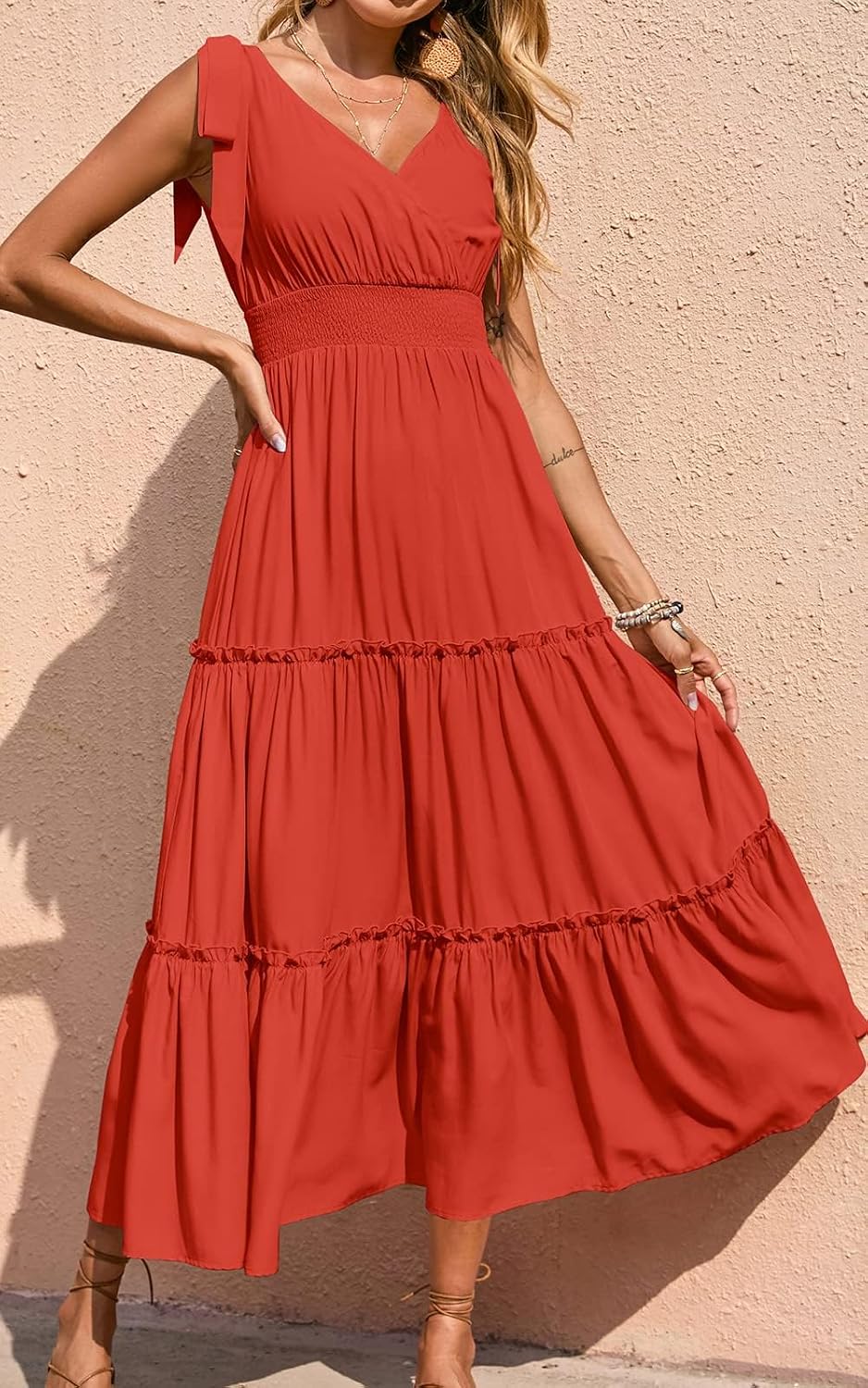 PRETTYGARDEN Women's Cross Neck Summer Sleeveless Tiered Maxi Dress Beach Tie Strap Smocked Long Dresses Pleated Sundress
