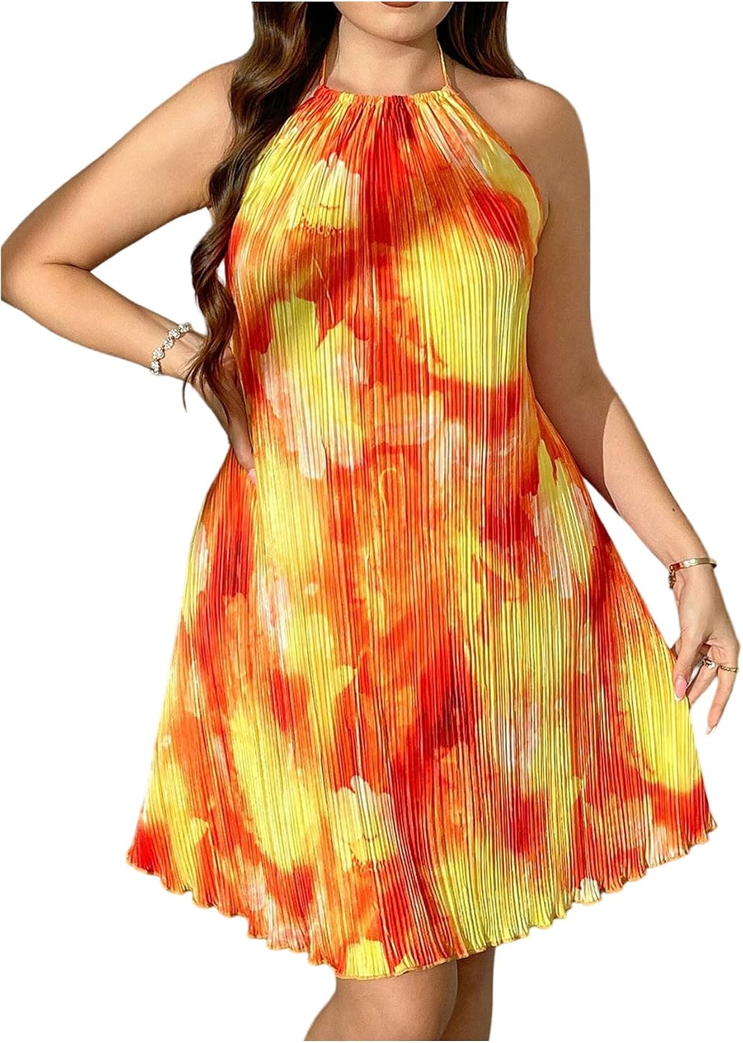 SHENHE Women's Halter Loose Pleated Backless Summer Beach Sunset Dress | Vacation, Tie Dye, Flowy, Short Dresses