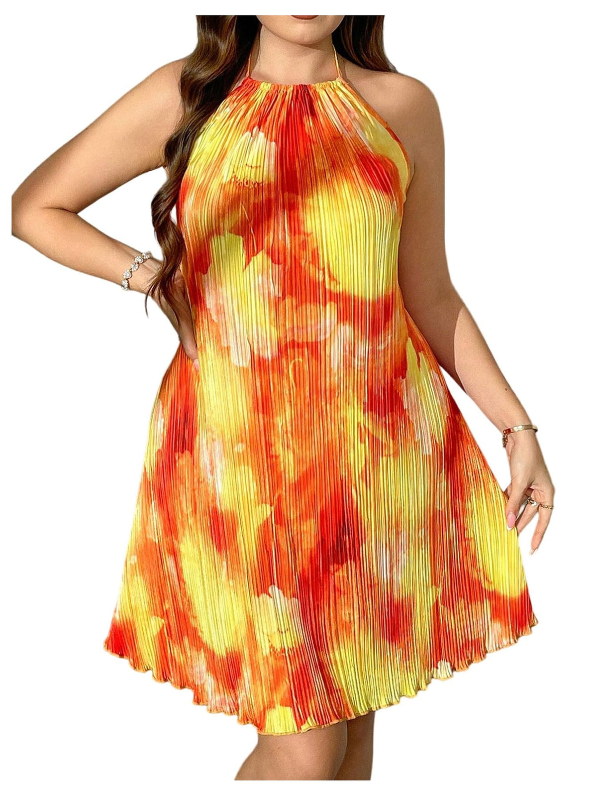 SHENHE Women's Halter Loose Pleated Backless Summer Beach Sunset Dress | Vacation, Tie Dye, Flowy, Short Dresses