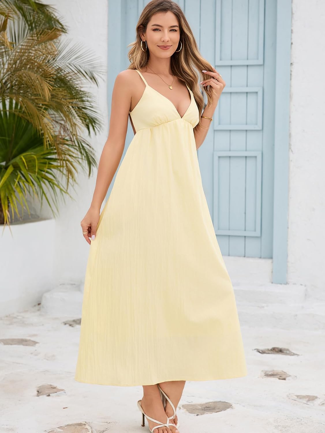 Women's Dress V Neck Backless Spaghetti Strap Maxi Flowy Sundress | Summer Vacation Casual Long Beach Boho Dresses