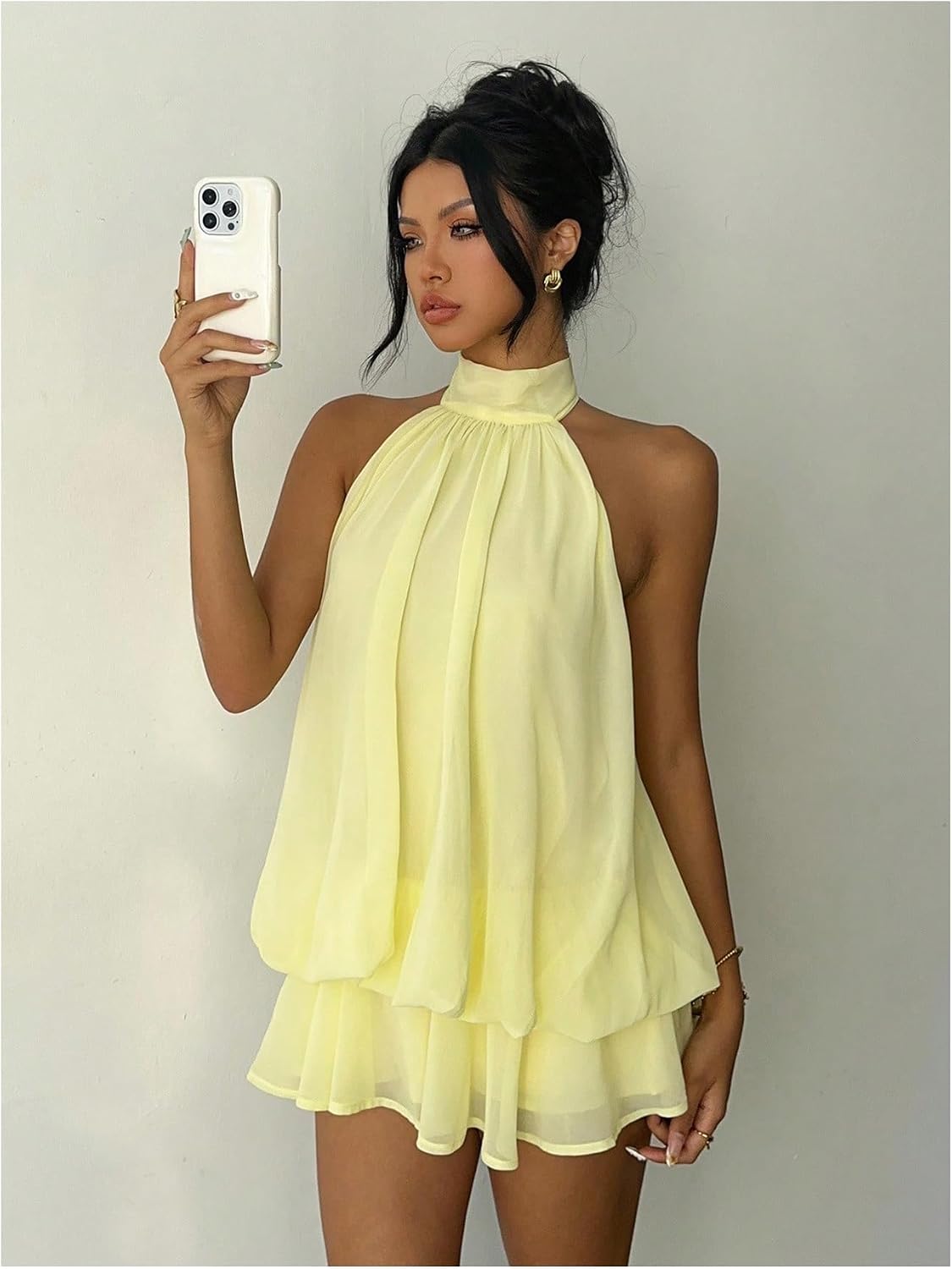 Verdusa Women's Chiffon Halter Drop Waist Flowy Wedding Guest Mini Dresses | Sleeveless, Ruffle Hem, Loose Fit, Brunch Outfits, Birthday, Going Out, Cocktail, Y2k
