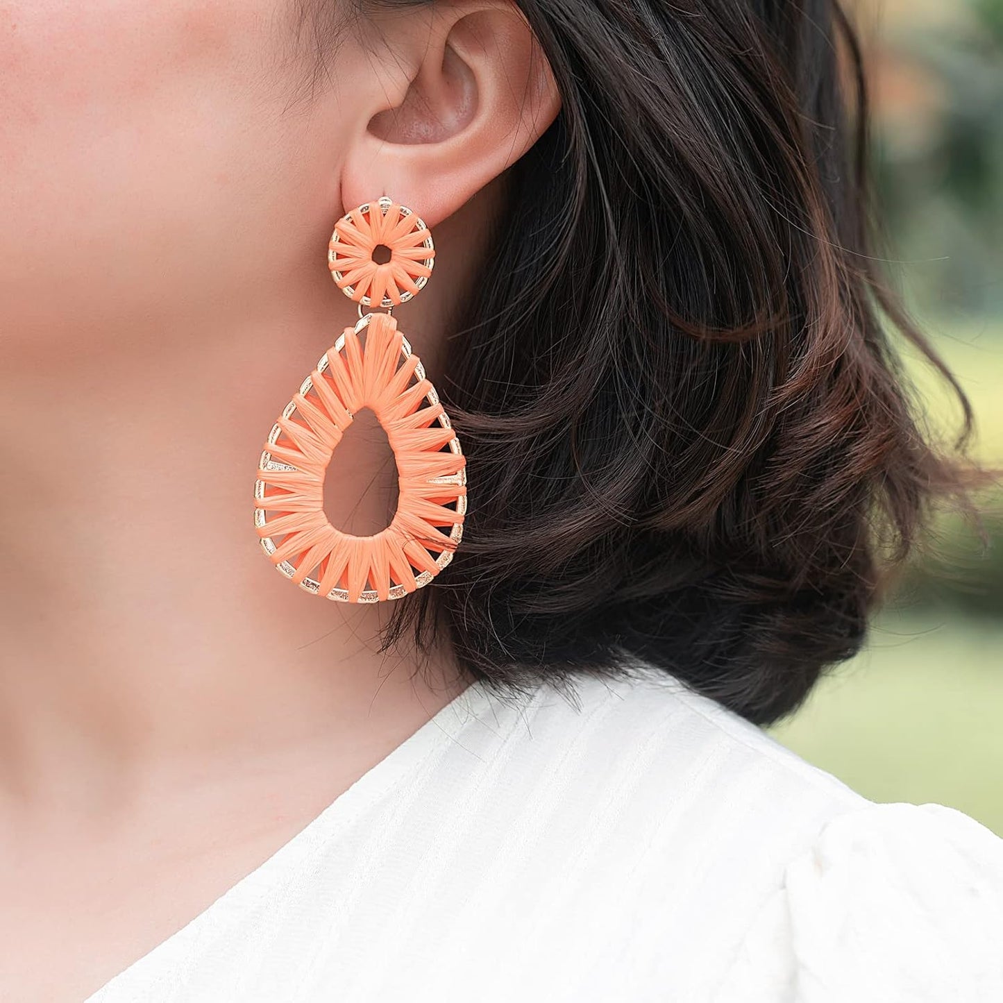 Boho Teardrop Raffia Dangle Earrings Statement Chunky Summer Beach Jewelry | Colorful Dangly Drop Handmade Bohemian Accessories Colorful Fun Vacation Spring Tropical Hawaiian Coastal Outfits for Women