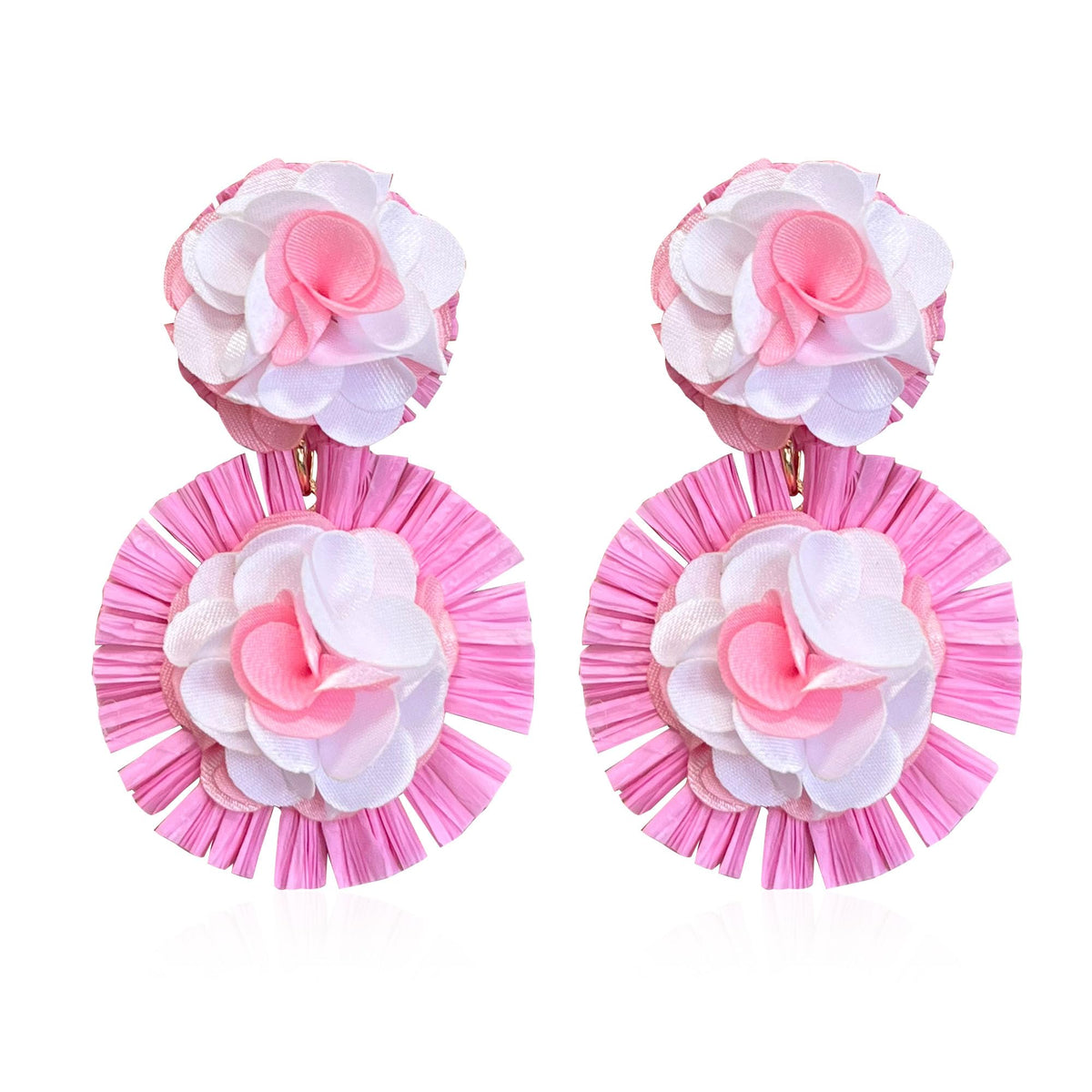 Hawaiian Vibrant Rattan Flower Statement Drop Earrings | Boho Lightweight Cute and Fun Big Raffia Straw Wrapped Floral Dangle Earrings for Women Tropical Sea Vacation Beachy Jewelry