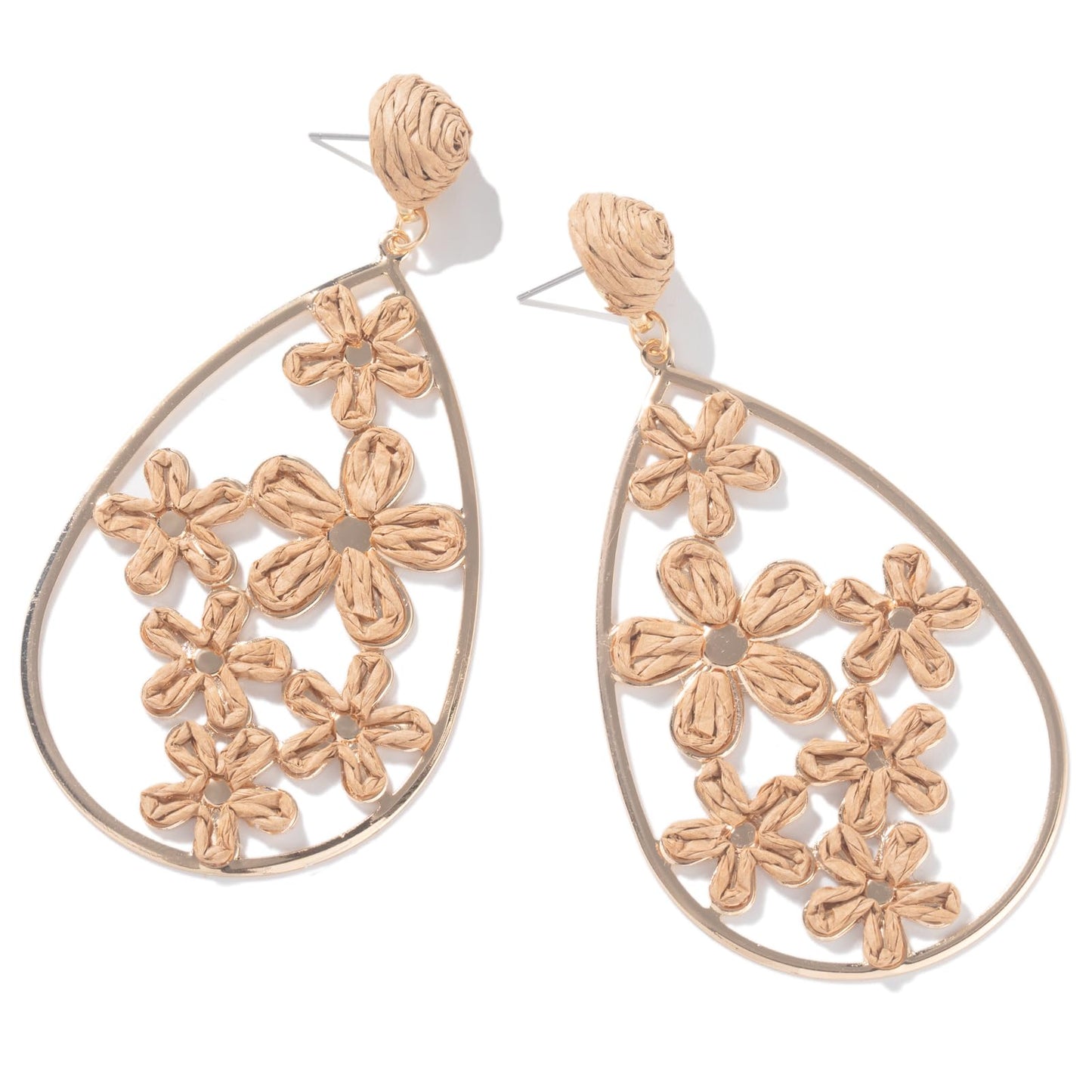 Boho Raffia Flower Teardrop Earrings Cute Colorful Dangle Trendy Jewelry | Floral Drop Statement Big Dangling Earring Hypoallergenic Gold Fun Unique Summer Spring Beach Vacation Outfits for Women
