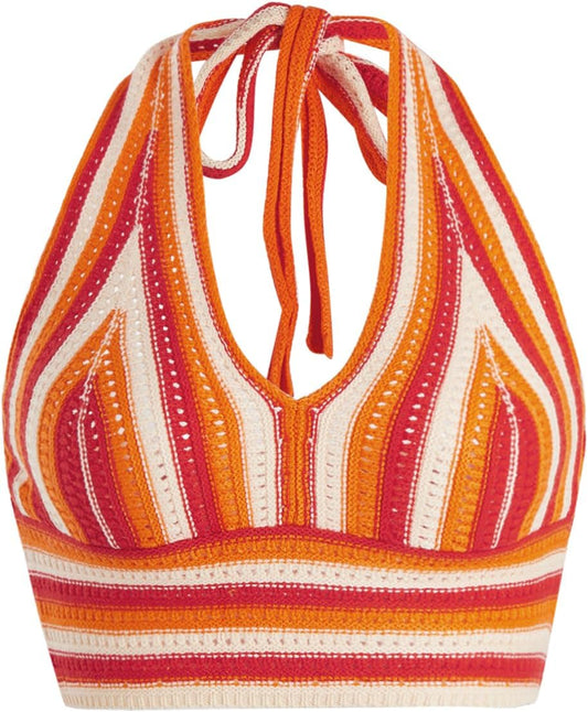 Verdusa Women's Crochet Tops Summer Striped Crop Halter Top Concert Outfit | Backless, V Neck, 70s Outfits for Women, Going Out, Y2k Clothes, Hawaiian Shirts, Cute Top