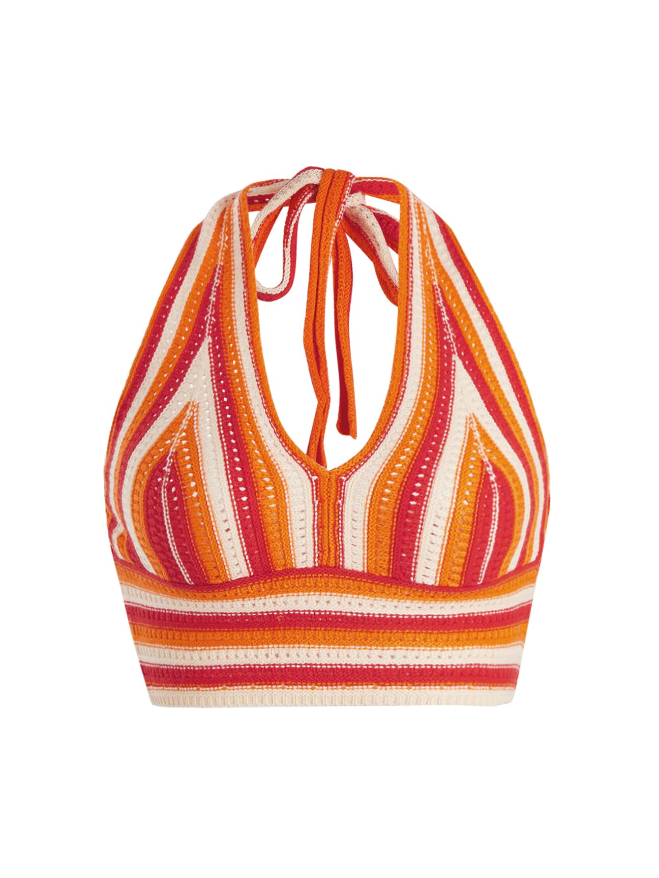 Verdusa Women's Crochet Tops Summer Striped Crop Halter Top Concert Outfit | Backless, V Neck, 70s Outfits for Women, Going Out, Y2k Clothes, Hawaiian Shirts, Cute Top