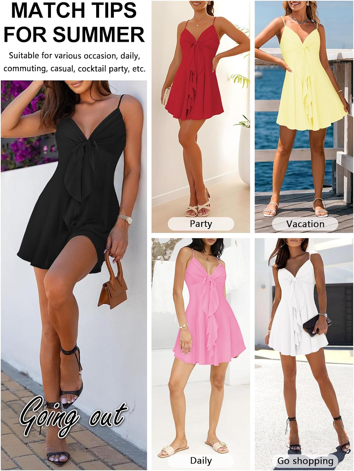 MIYIEONZ Women Flowy Mini Dress Sexy Sundress Short Dresses | Mesh,spaghetti strap,v neck,backless,bow,ruffle mini dresses,formal cute,spring,sunset hoco cocktail party going out outfits