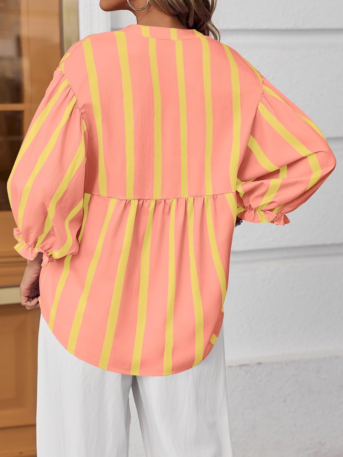 Tankaneo Womens Puff Sleeve Summer Babydoll Tops Cute V Neck Striped Blouse | Casual, Loose Fit, Flowy Shirts, Button, Boho, Work, Dressy, Peplum Blouses