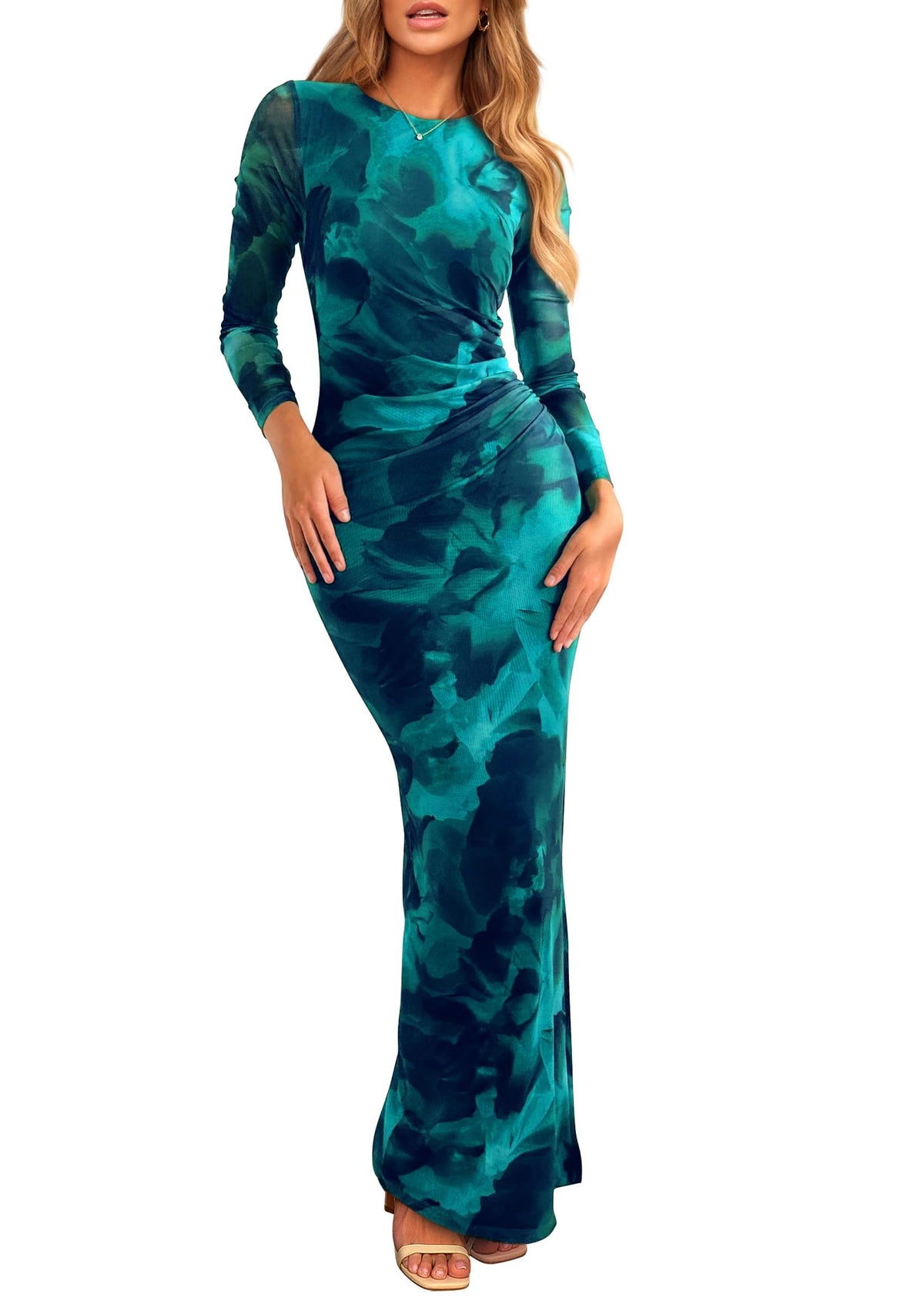PRETTYGARDEN Women's Floral Bodycon Maxi Fall Dress | Sheer Mesh, Boho Tie Dye, Long Sleeve Fitted, Ruched Waist, Wedding Guest, Cocktail Party Holiday, Elegant Spring Outfits