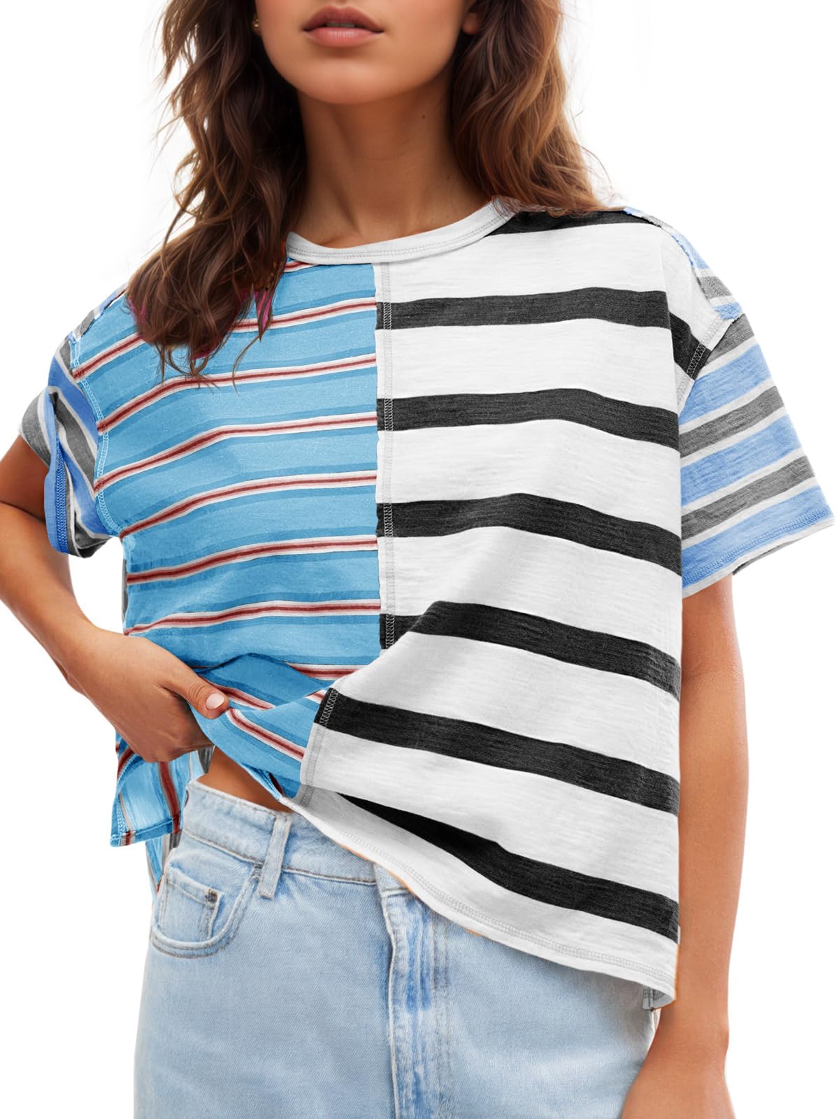 Tankaneo Womens Summer Striped Shirts Casual Color Block Short Sleeve Tops Loose Fit Crew Neck Tees