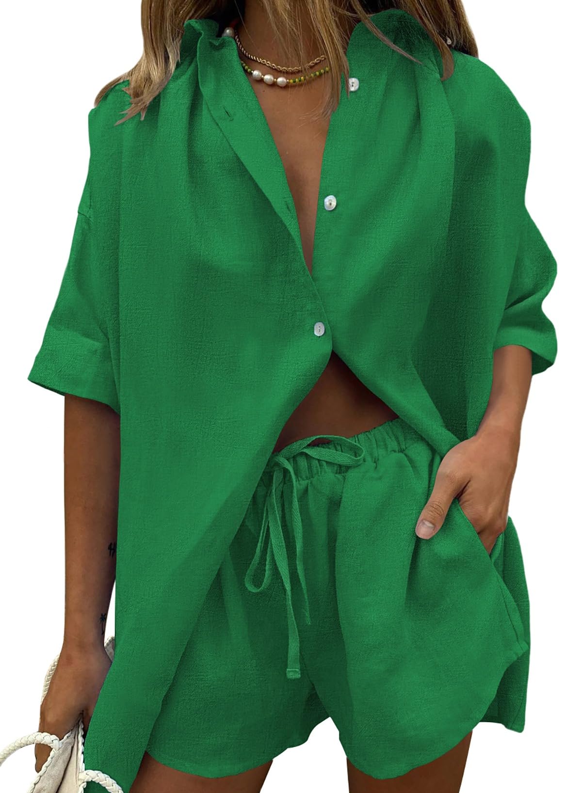 Fixmatti Women 2 Piece Outfits Long Sleeve Button Down Blouse and Shorts Sweatsuit Sets