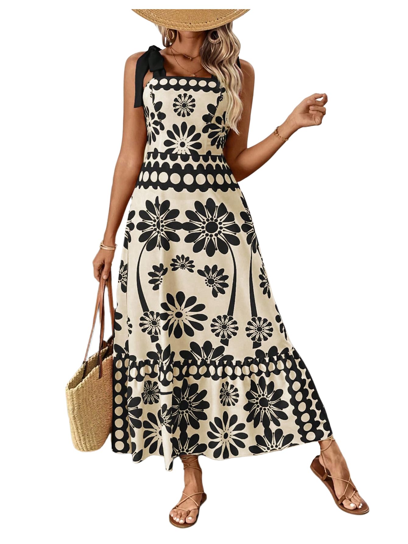 Floerns Women's Vintage Sleeveless Tie Shoulder Sundress Floral Print Cami Maxi Dress