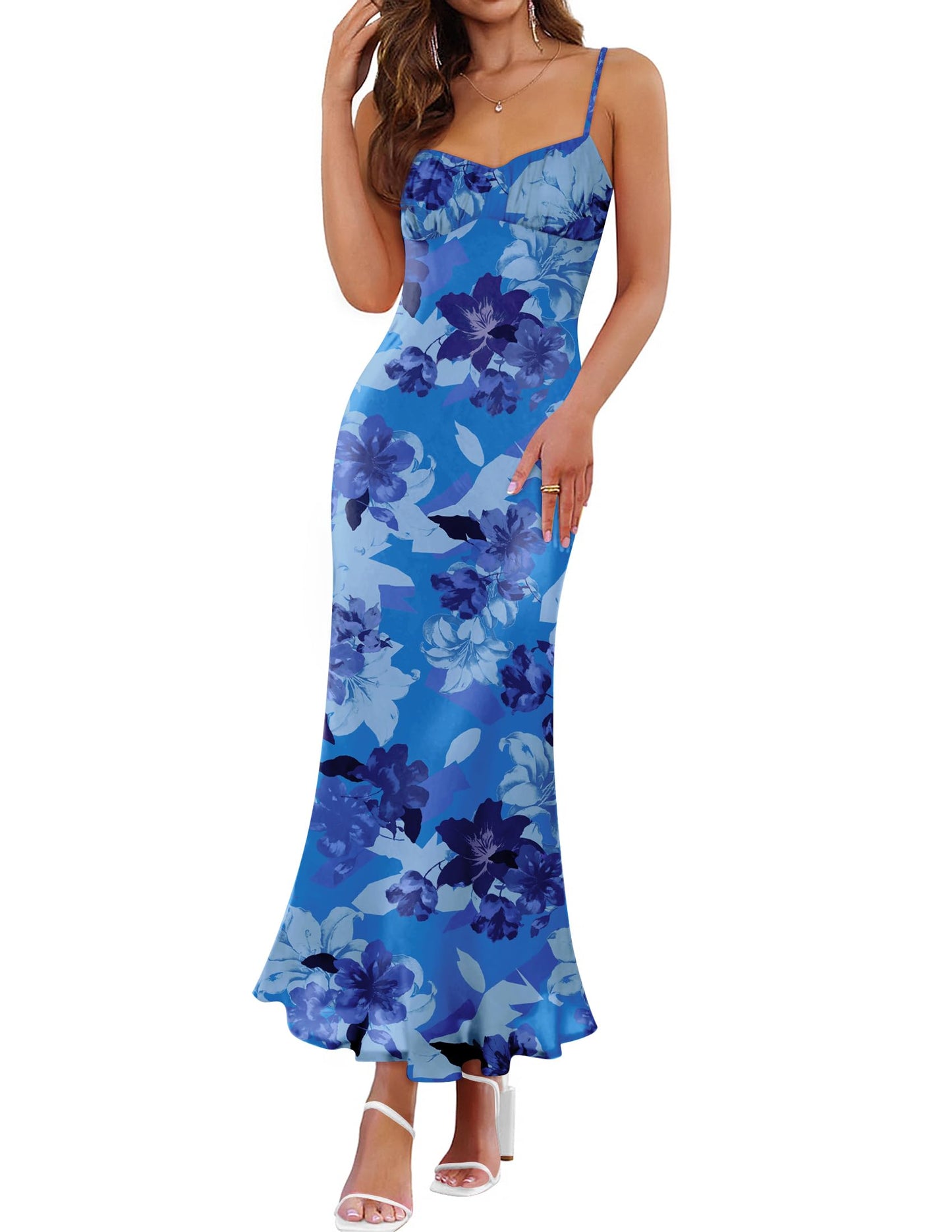 ZESICA Women's Summer Floral Sleeveless Bodycon Maxi Dress | Spaghetti Strap Mesh, Square Neck Backless Sundress, 2026 Wedding Guest Cocktail Party Vacation Beach Long Dresses