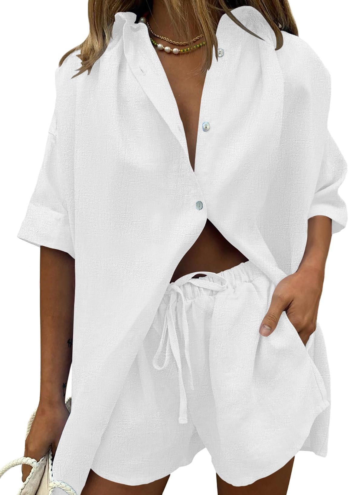 Fixmatti Women 2 Piece Outfits Long Sleeve Button Down Blouse and Shorts Sweatsuit Sets
