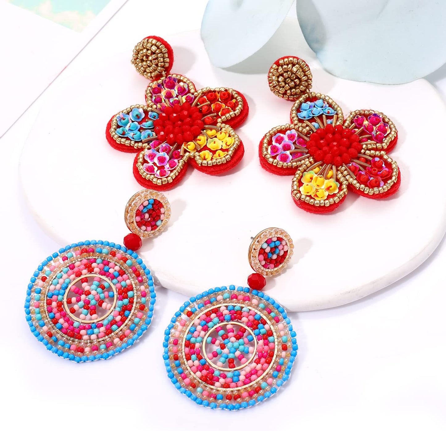 4 Pairs Beaded Earrings for Women Boho Geometric Beaded Dangle Earrings Statement Pineapple Flower Drop Earrings Colorful Summer Earrings Set Jewelry Gift