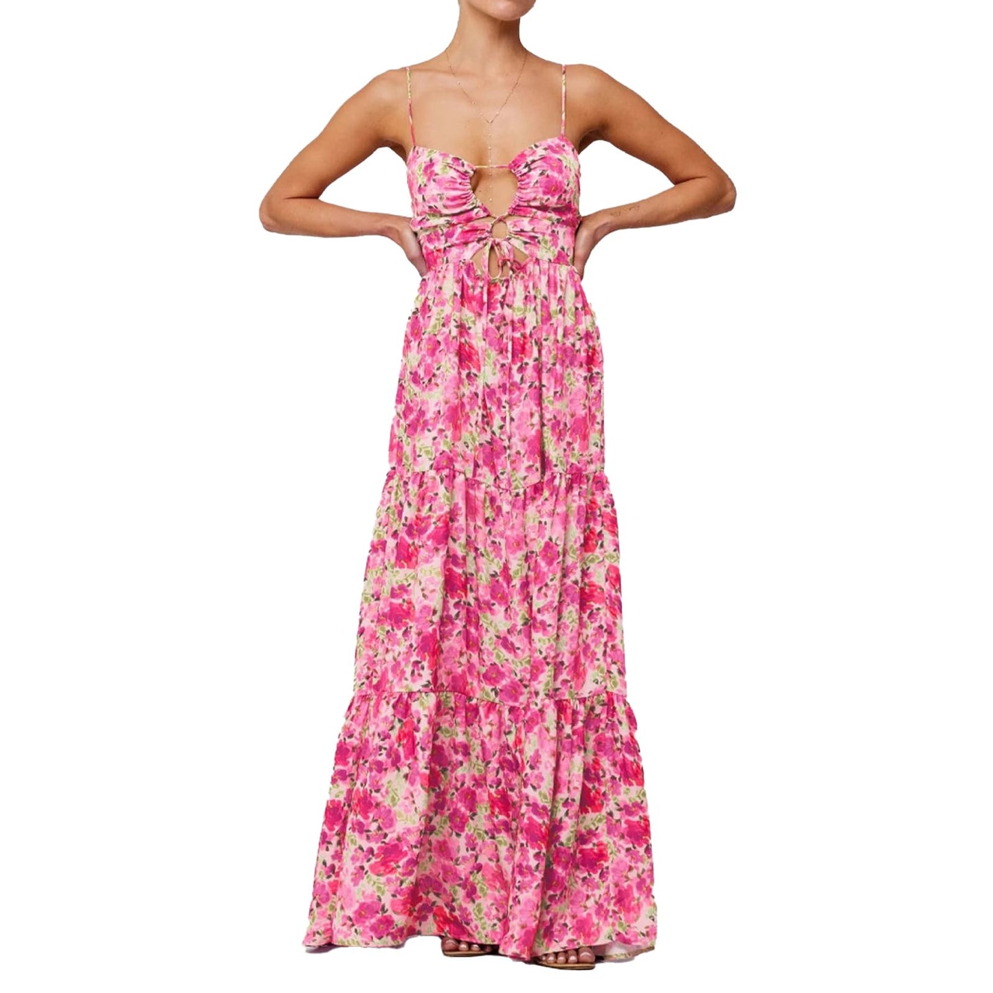 ABYOVRT Women Floral Maxi Dress Tie Front Cut Out Backless Boho Spaghetti Strap Summer Beach Sundress