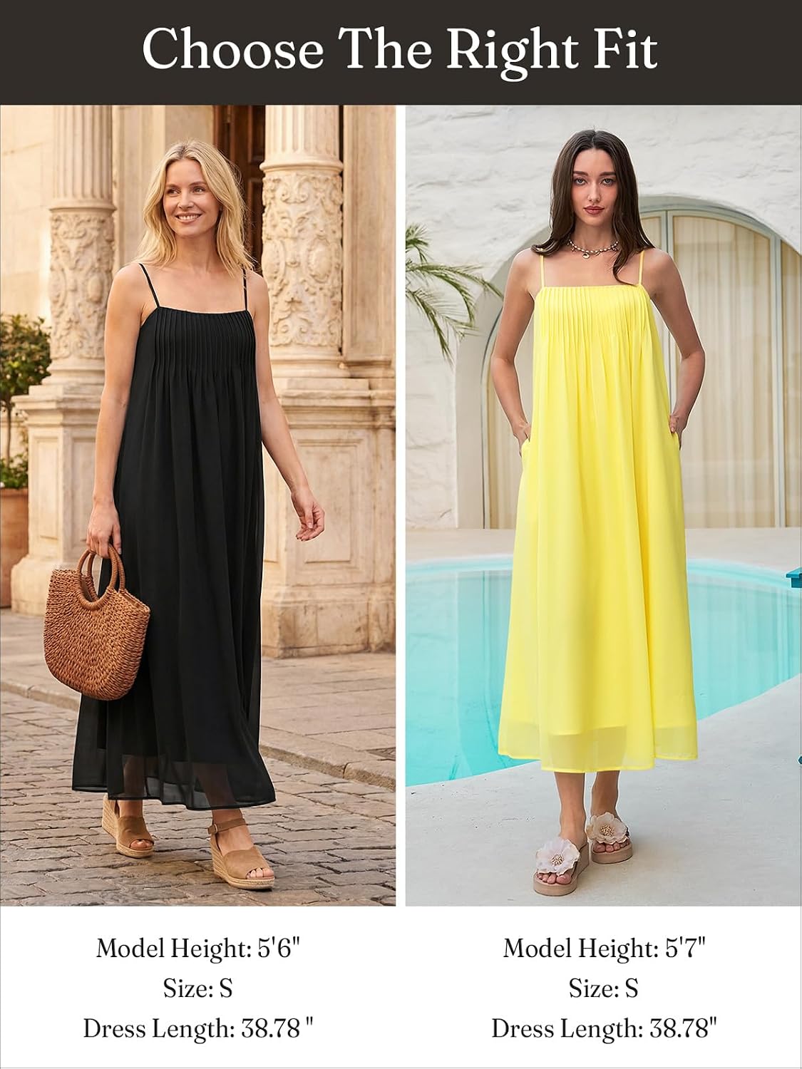Wenrine Women's Summer Boho Maxi Dresses Spaghetti Straps Chiffon Sundress | Beach Vacation, Flowy, Linen, Casual, Loose, Pleated, Sleeveless, Midi Long Dress with Pockets