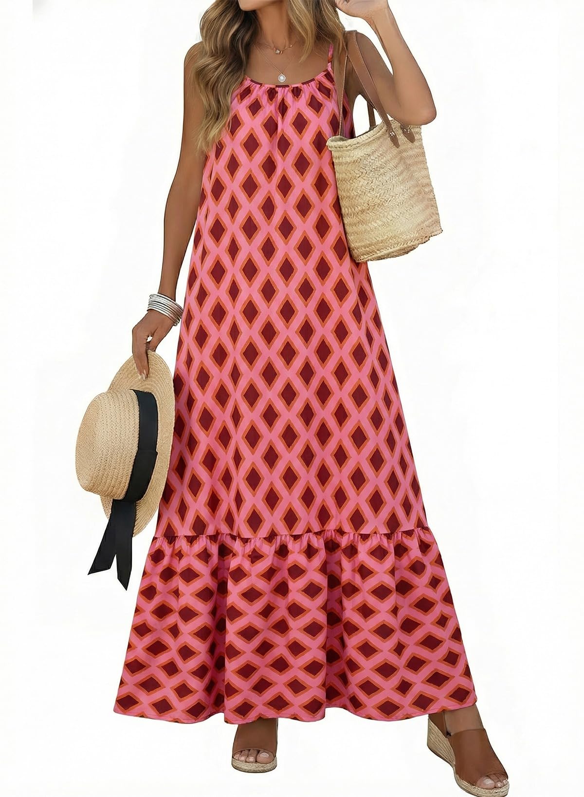 Dokotoo Women Summer Dresses Scoop Neck Ruffle Flowy Boho Maxi Dress | Spaghetti Strap Sundresses,Sleeveless,Beach Vacation Clothes,Ruffle A Line,Casual Boho Printed,Hawaiian Dresses,Wedding Guest
