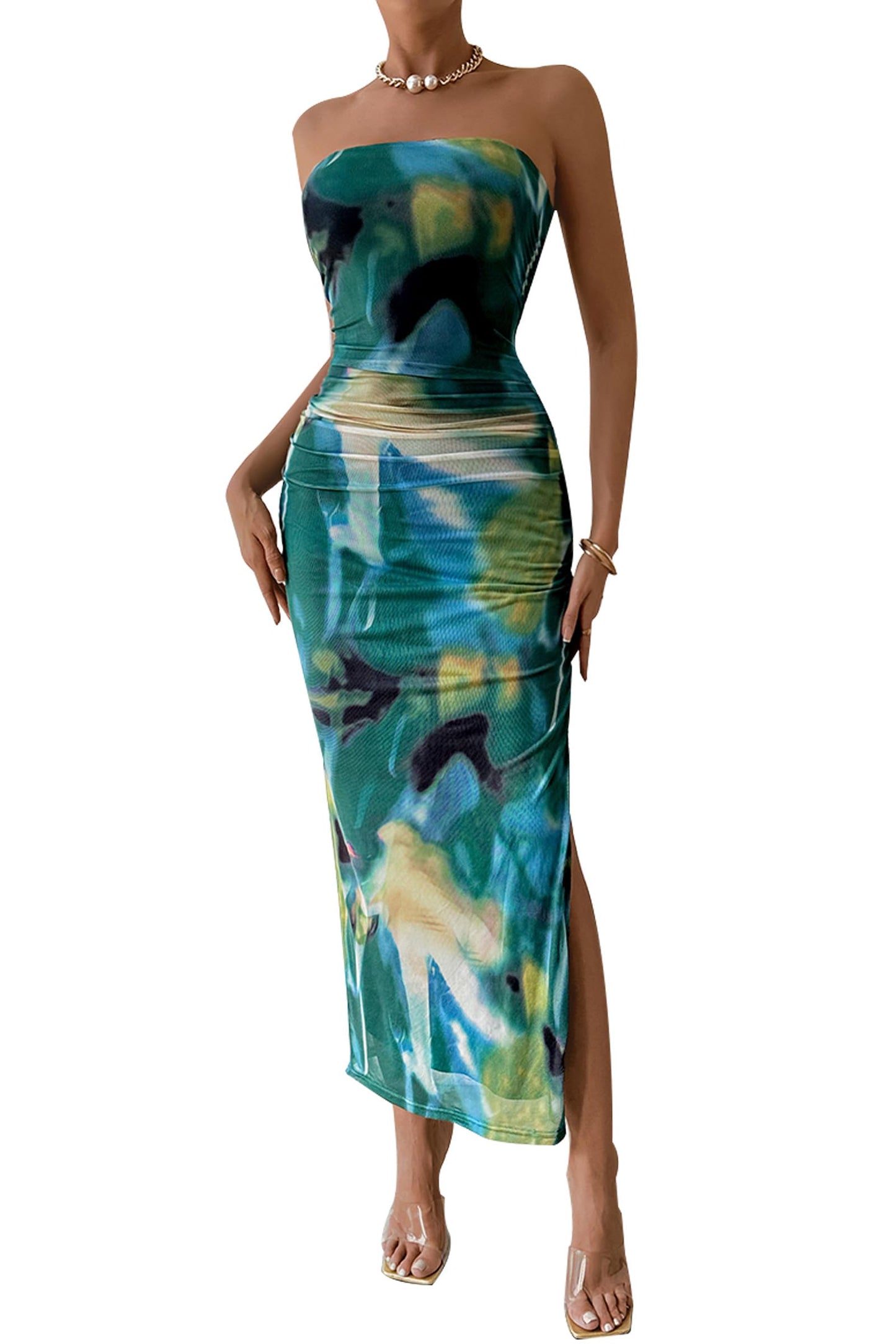 PRETTYGARDEN Women's Strapless Bodycon Floral Maxi Dress | Stretchy Lined Mesh, Long Tube Dresses, Ruched Slit, Spring Summer Y2K Outfits for Wedding, Date Night Party, Beach Vacation